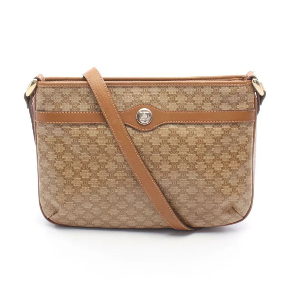 Celine Macadam Shoulder Bag Canvas Leather Brown Beige Cream